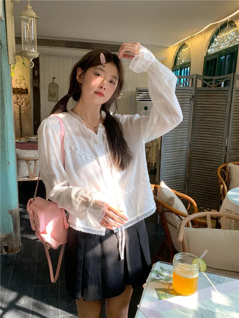 Koisoon Japnsese Kawaii Blouse Shirt Women Design New Lace Sweet Shirts Female Casual Korean Fashion Button Designer Cute Shirts 2024