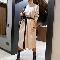 Koisoon Casual Solid Long Dress&Belt Harajuku Simple Stand Collar Zip Sweatshirt Dresses Autumn Side Split Long Sleeve Party Dress