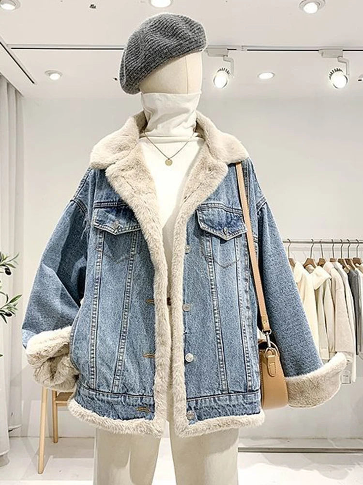 Koisoon Winter Thicken Denim Jacket Women Loose Casual Warm Jeans Coats Street Wear Fur Collar Long Sleeves Female Clothes