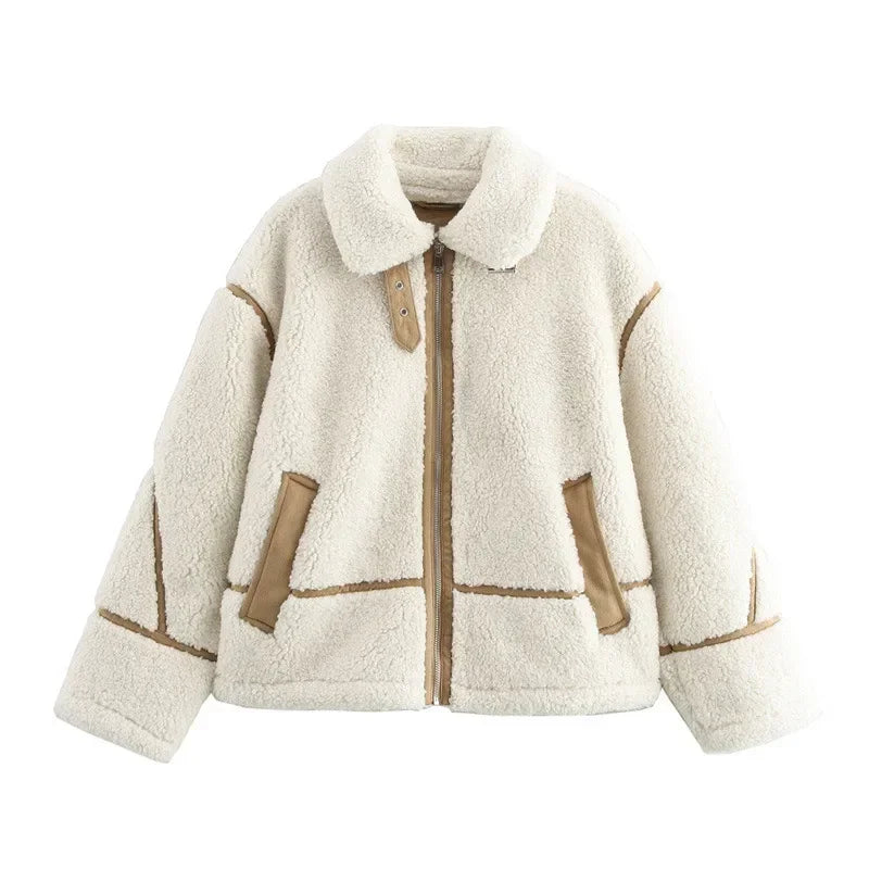 Koisoon Chic Contrast Line Splicing Lamb Wool Coat Women Casual Lapel Long Sleeve Zipper Pocket Thick Jacket Lady New Commute Outerwear