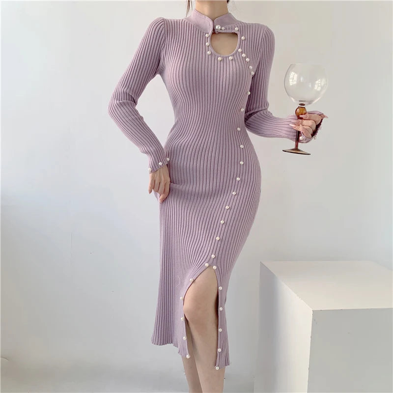 Koisoon Beading Knitted Bodycon Dress Elegant Lady Club Party Dress Autumn Ribbed Sexy Hollow Out Split Midi Dresses Women Robes