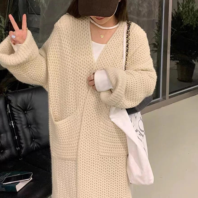 Koisoon Korean Women Cardigan Sweater Autumn Fashion Elegant Midi Loose Knitted Coats Casual Female Designed Big Pocket Jacket New