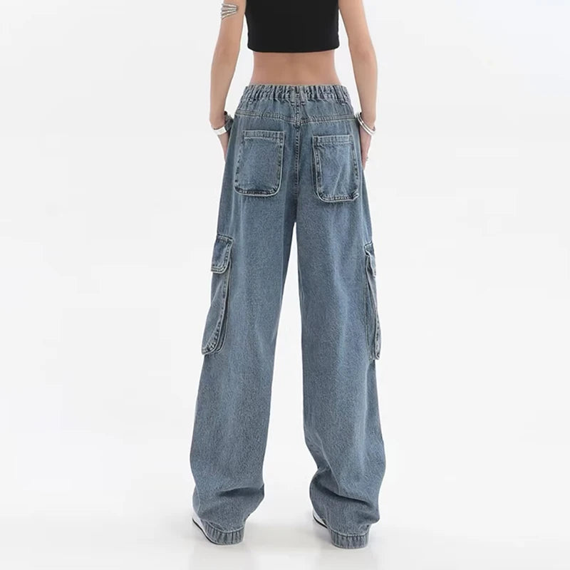 Koisoon Multi Pocket Denim Cargo Pants Women High Waist Streetwear Loose Wide Leg Jeans American Style Female Hip Hop Trousers