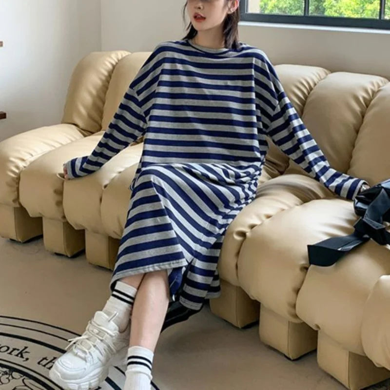 Koisoon Korean Fashion Women Oversized Black Gray Striped Dress Spring Autumn New Versatile Casual Side Slit Loose Long Sleeve Dresses