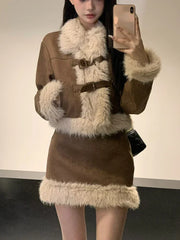 Koisoon Kawaii Suits Blazers Jacket Coats + Skirts Korean Chic Winter Faux Fur 2 Piece Skirt Set Women Casual Y2k Clothing Outwear