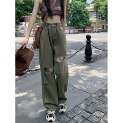 Koisoon Streetwear Women Hole Do Old Y2k Jeans Spring New Korean Fashion Army Green Pants Vintage High Waist Loose Wide Leg Trousers