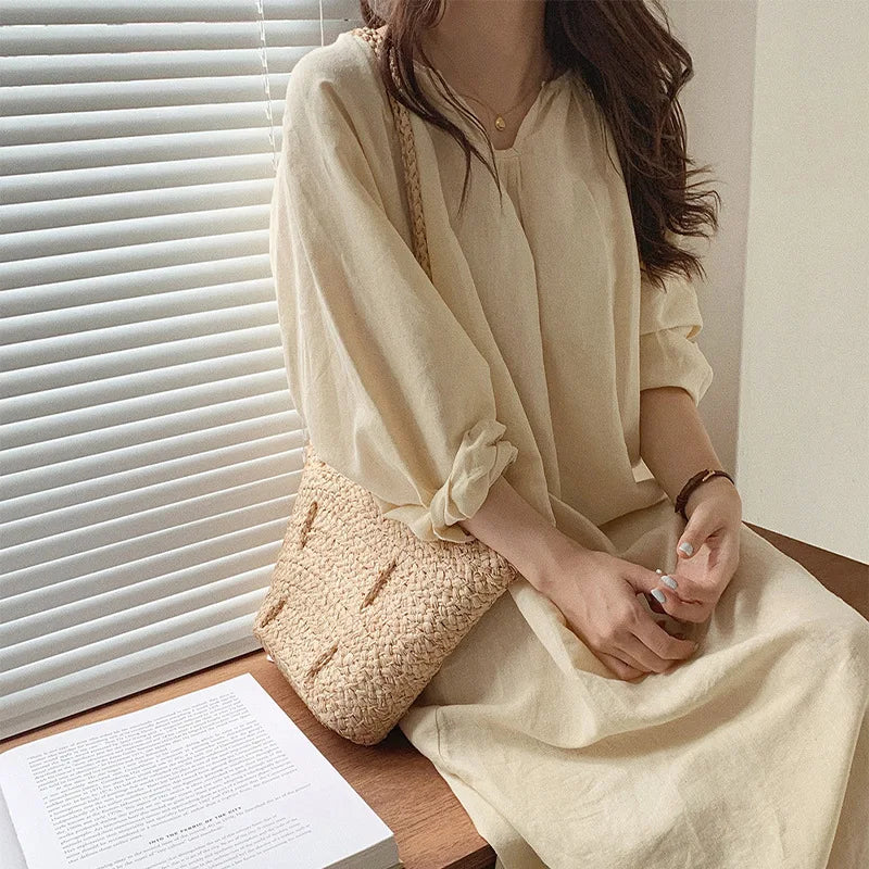 Koisoon Vintage 100% Cotton Women Dress V Neck Long Sleeve Korean Jananse Pajama Dresses Ladies Comfortable Homewear Wearable Outside