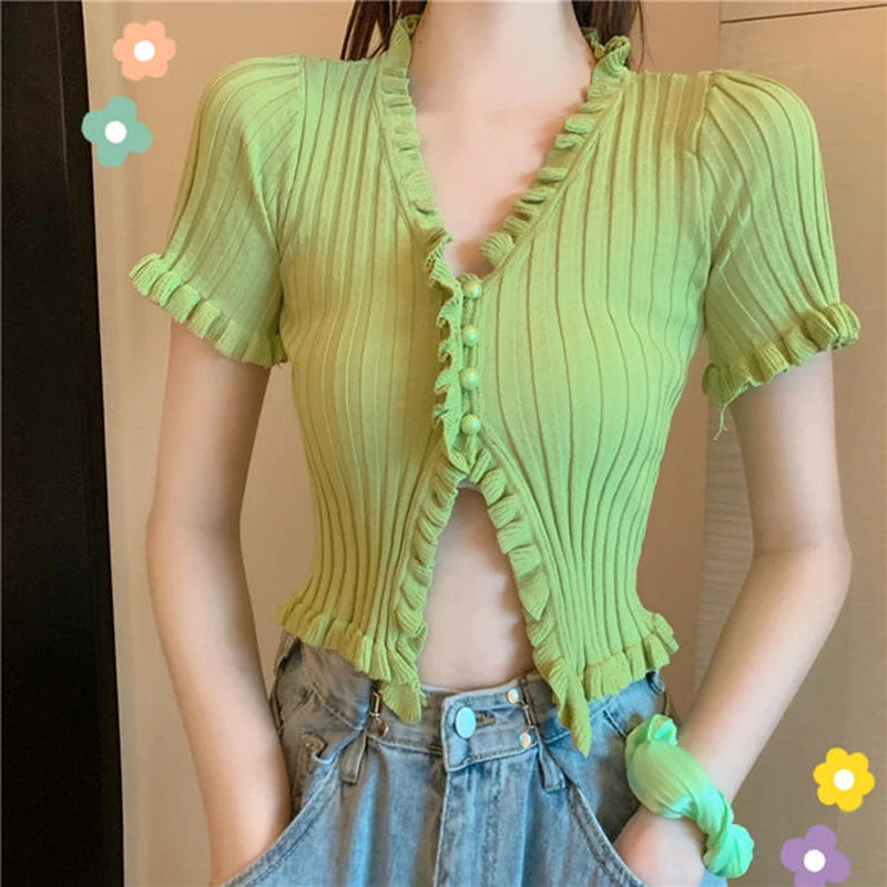 Koisoon Vintage Ruffles Women Knitted T Shirts Summer Korean Short Sleeve Crop Tops Button Up Sexy V Neck Cardigan Female Tees