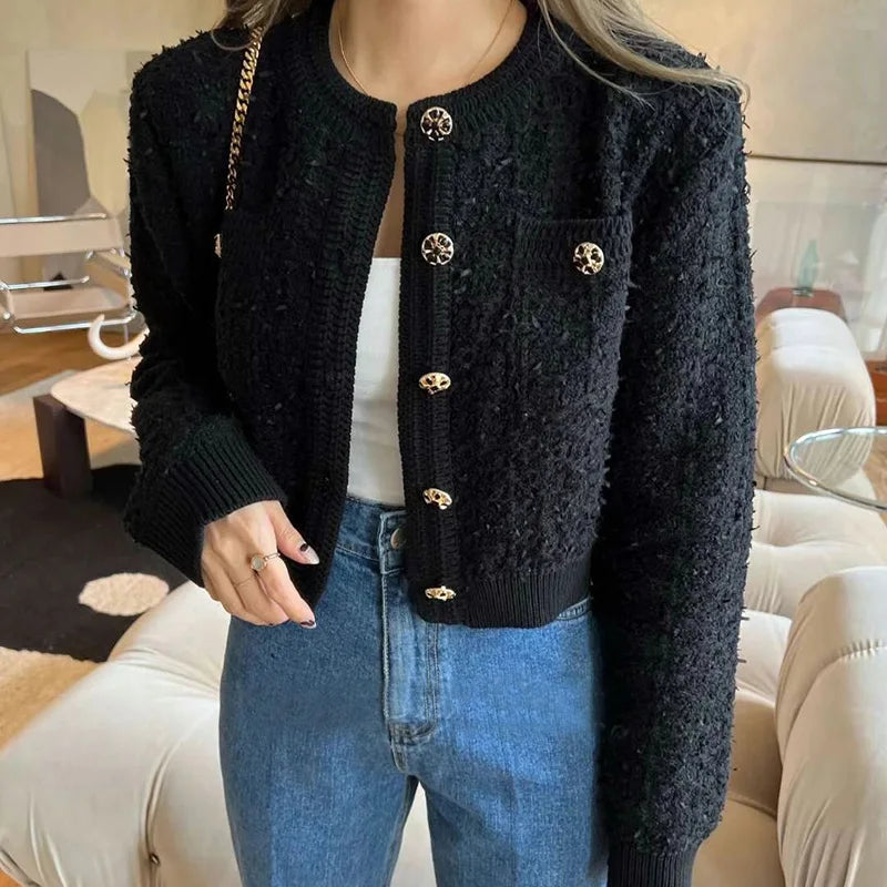 Koisoon Korean Style Pink Round Neck Cropped Cardigans for Women Chic Button Long Sleeve Knitted Coats Woman Pocket Bling Short Cardigan