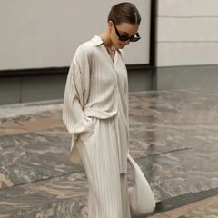 Koisoon 2024 Autumn Fashion Long Sleeve Blouses Womens Two Peice Sets Casual Loose Slit Wide Trouser Suits Elegant White Pleated Female