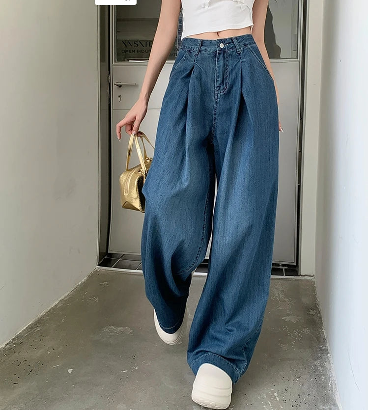 Koisoon Women 2024 Summer Autumn Wide Leg Denim Pant Trousers Streetwear Straight High Waist Jeans Loose Boyfriend Jeans Ladies