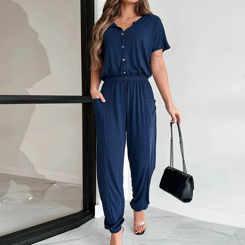 Koisoon Women Fashion O-neck Button Long Romper Casual Pencil Pants Pocket Solid Playsuit Overalls Elegant Elastic Waist Loose Jumpsuit