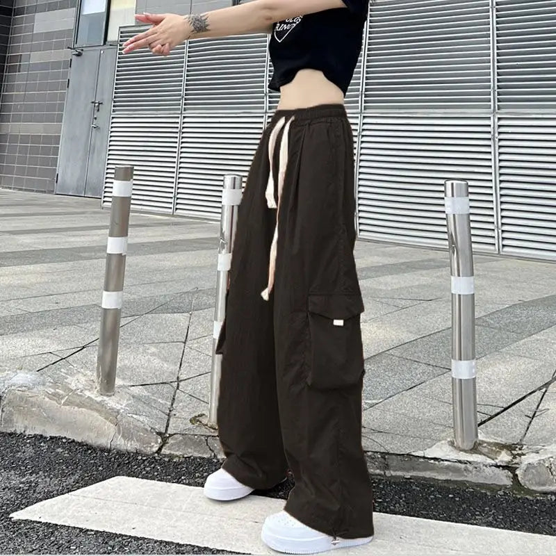 Koisoon Streetwear Women Oversize Solid Cargo Pants Elastic Waist Drawcord Loose Harajuku Hip Hop Casual Wide Leg Sports Trousers