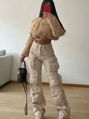 Koisoon Multiple Pockets Cargo Pants For Women Loose High Waist Fashion Sweatpants Women's Baggy Streetwear Pant Woman Trousers