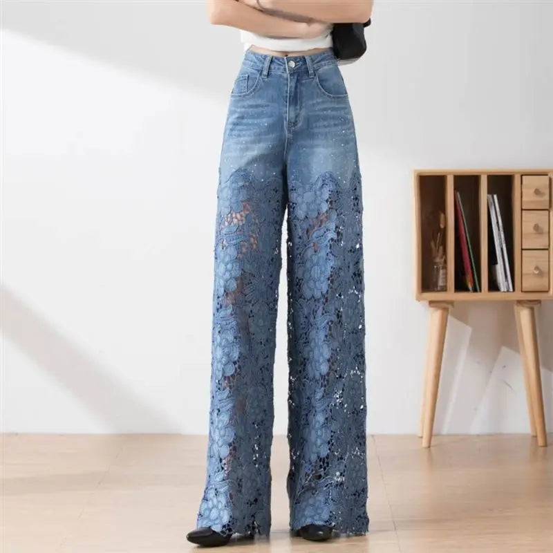 Koisoon Fashion Women's Jeans 2024 New Summer High-Waist Openwork Lace Stitching Denim Wide-Leg Pants Female Straight Trousers