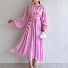 Koisoon Fashion Half High Collar Mesh Maxi Dress 2024 Women Solid Pleated Bridesmaid Dress New Spring Elegant Long Sleeved Waist Dresses