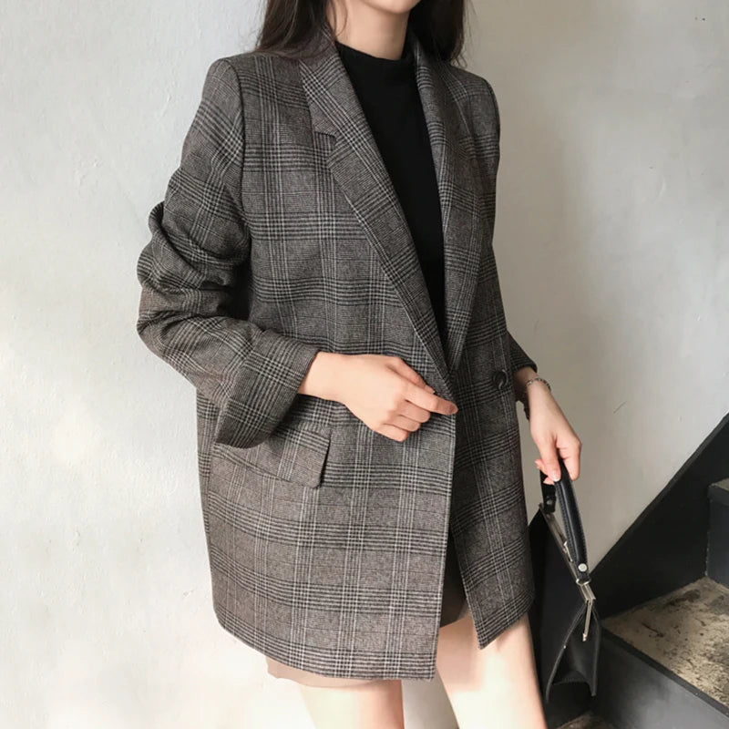 Koisoon Plaid Double Breasted Pockets Formal Jackets Checkered Winter Spring Women's Blazers Outerwear Tops