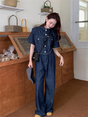 Koisoon Blue Denim Two Pieces Sets Women Loose Chic Summer Short Sleeve Coats Jeanswear New High Waist Slim Pants Suits