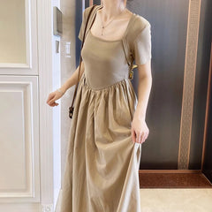 Koisoon Elegant Women Dress Korean Casual Fashion Patchwork Midi Dresses Y2K Female High Waist Ball Gown Short Sleeve A Line Dress