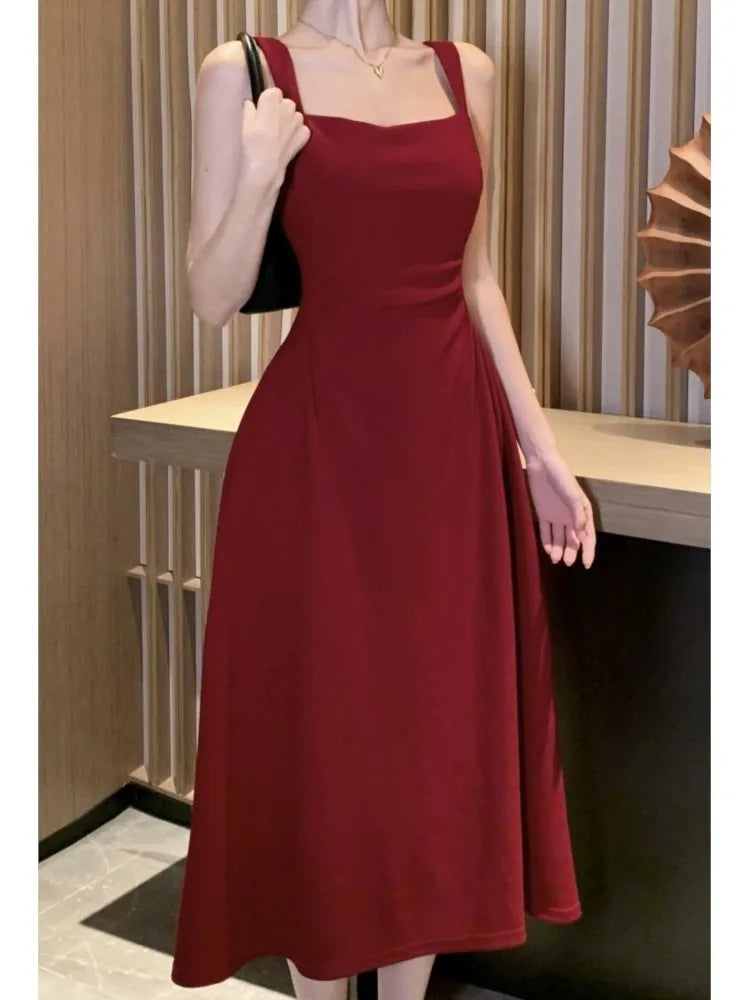 Koisoon Elegant Summer Solid Midi Dress Women Spaghetti Strap Square Collar High Waist Slim Evening Party Dresses Prom Robe Vestido New