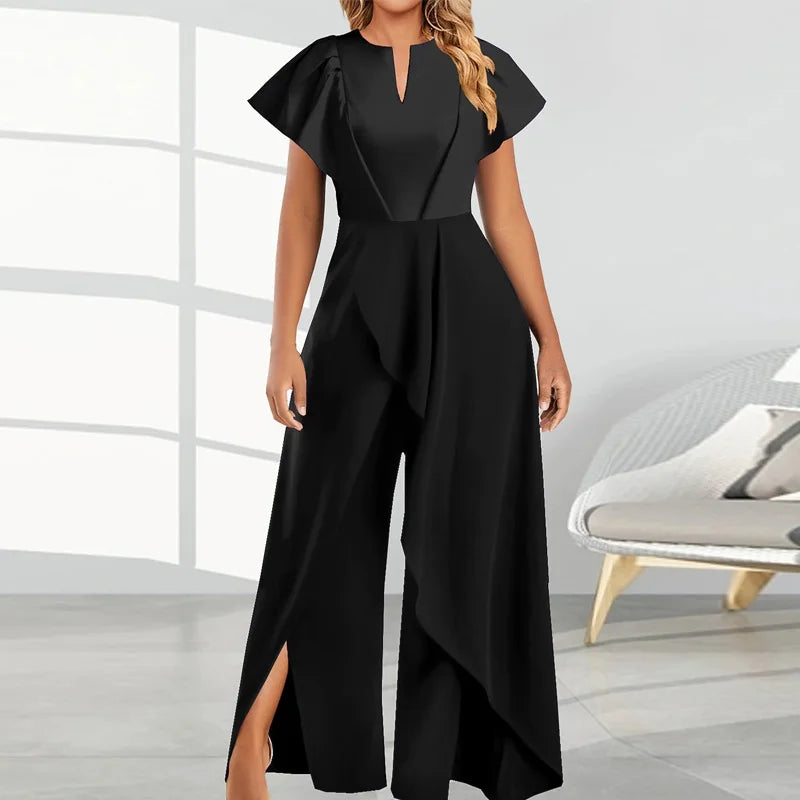 Koisoon Spring Solid V Neck Irregular Party Jumpsuit Women High Waist Wide Leg Split Pants Rompers Summer Short Sleeve Straight Overalls