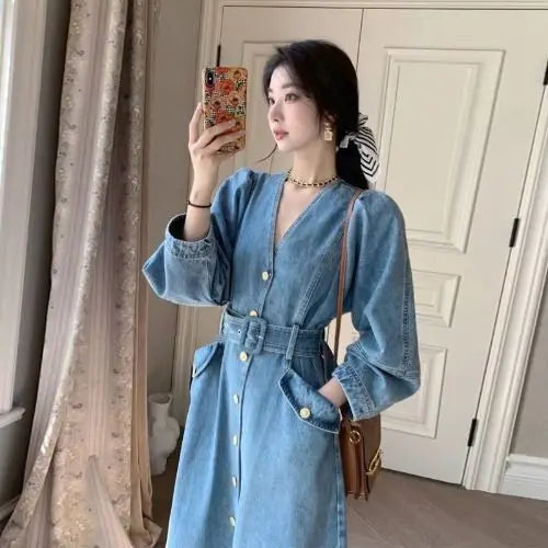 Koisoon V Neck Denim Dress Women Spring Autumn French Style A-line Jeans Long Sleeve Dress Single Breasted Casual Solid Robe