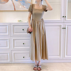 Koisoon Elegant Women Dress Korean Casual Fashion Patchwork Midi Dresses Y2K Female High Waist Ball Gown Short Sleeve A Line Dress