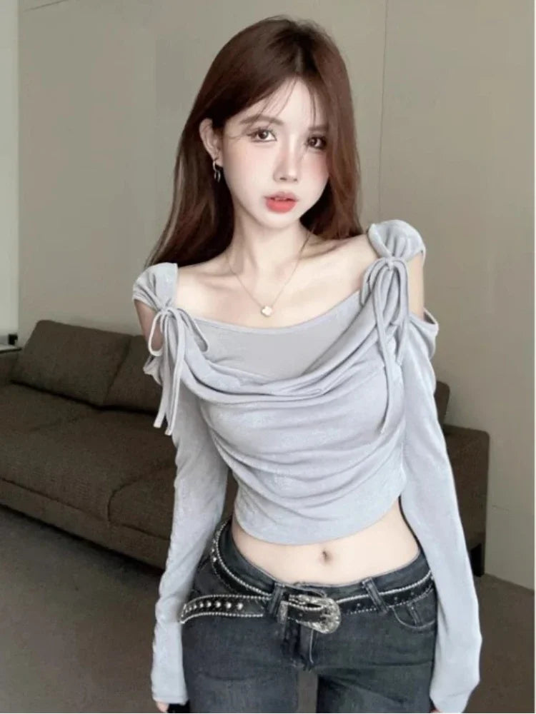 Koisoon Y2k Crop Top Vintage Streetwear Fashion Tee Shirts Femme Aesthetic Long Sleeve Hollow Out Women T-shirts Chic Sexy Pleated