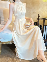 Koisoon 2024 New White Sleeveless Sexy Neck-mounted Long Dress Women Elegant Luxury Dress Gown Summer Korean Bodycon Dance Party Dresses