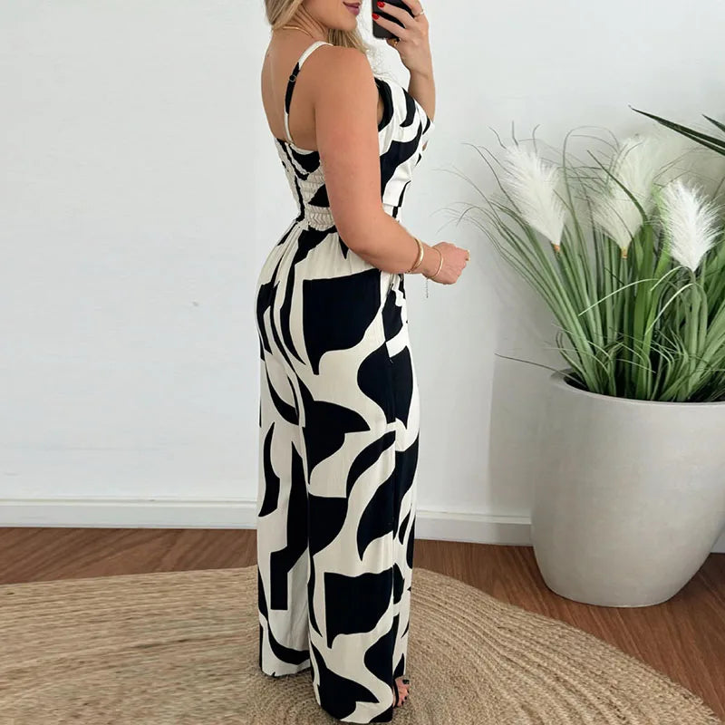 Koisoon Elegant Temperament Printed Long Pants Jumpsuit Women's Casual Pocket High Waist Romper New Summer Fashion V-Neck Slim Playsuits