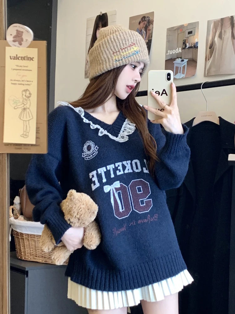 Koisoon Lace Patchwork Sweet Sweaters Women Cute Letter Loose Knitted Pullovers Casual Long Sleeve Lazy Wind Elegant Retro Tops New