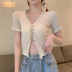 Koisoon Vintage Ruffles Women Knitted T Shirts Summer Korean Short Sleeve Crop Tops Button Up Sexy V Neck Cardigan Female Tees