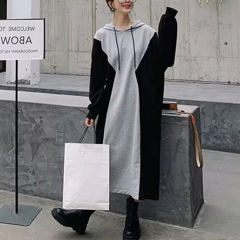 Koisoon Autumn New Loose Color Block Hoodie Dress Drawstring Patchwork Long Sleeve Pregnant Women Casual Versatile Straight Dresses