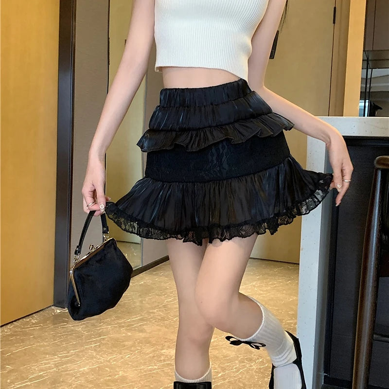 Koisoon Summer Sweet Skirts Women High Waist Slim A-line Gauze Jupe Faldas Mujer Korean Fashion Mini Skirt Black White Y2k Clothes