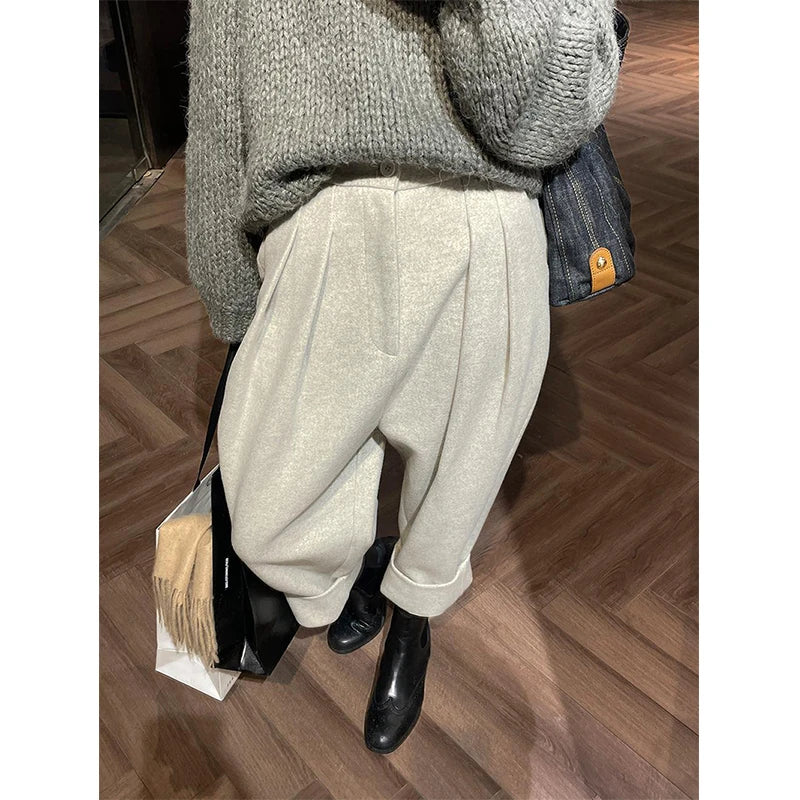 Koisoon Streetwear Woolen Harem Pants Women Korean High Waist Suit Pants Winter Ladies Elegant Fashion Thicken Baggy Trousers New