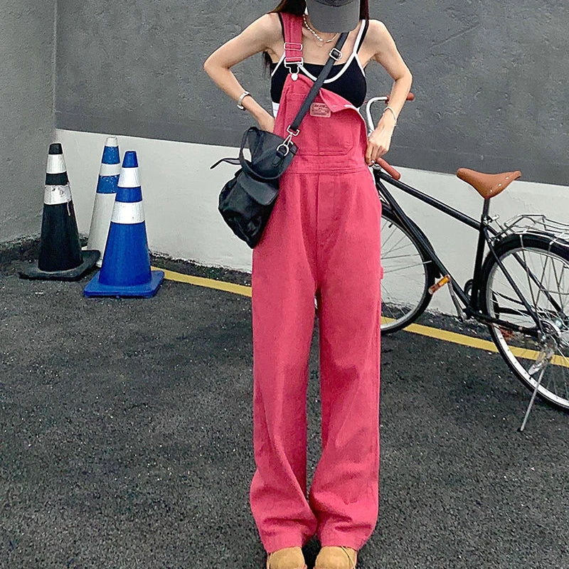 Koisoon Women Denim Overalls Korean Casual Big Pocket Loose Jumpsuit Summer Fashion All Match Jeans Female Streetwear Trousers New