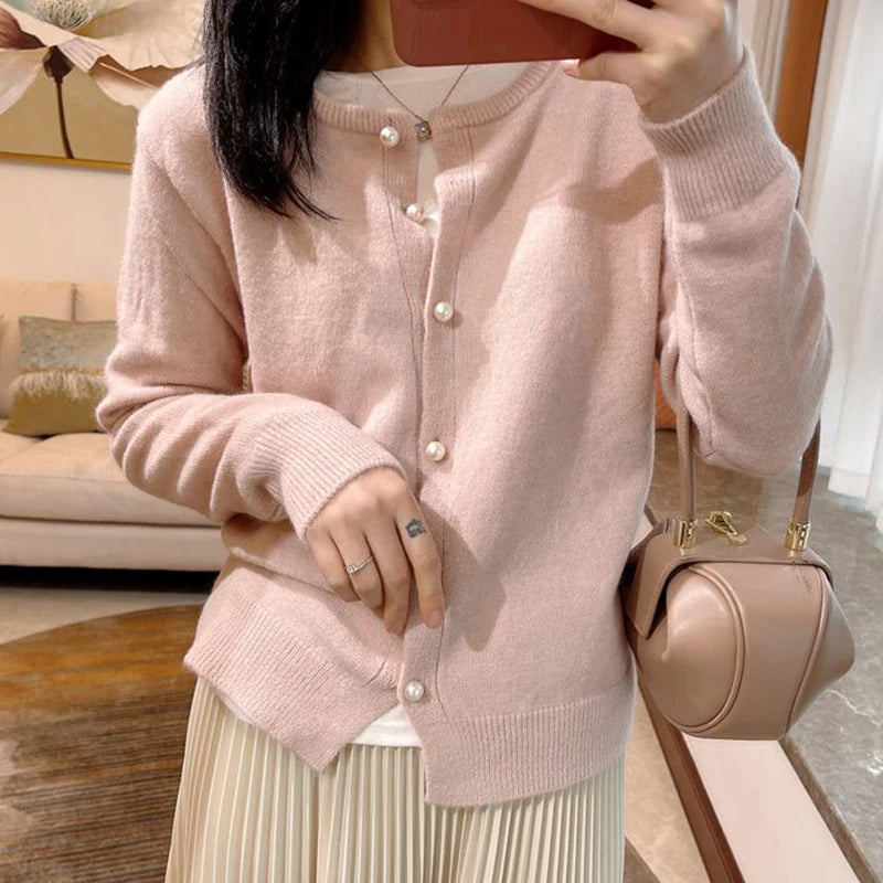 Koisoon Sweet Pink Knitted Sweater Women Korean O-Neck Long Sleeve Knit Cardigan Woman 2024 Button Up Solid Color Jumper Female