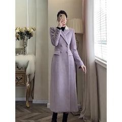 Koisoon Elegant Long Wool Blends Coats Women Korean Quilted Blazer Jackets Double Breasted Woolen Overcoat Winter Thick Outerwear