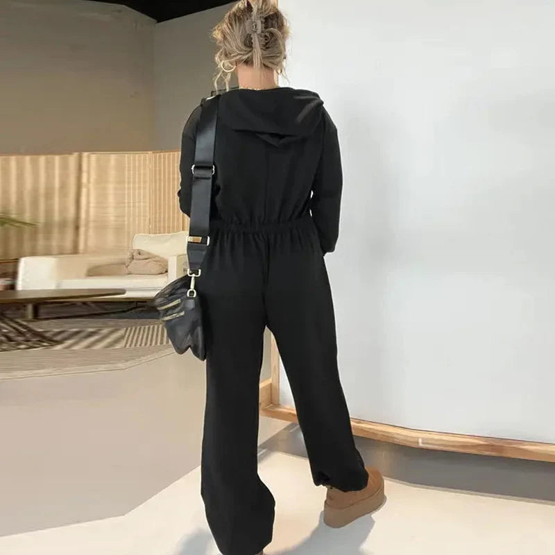 Koisoon Spring Casual Drawstring Hooded Jumpsuits Women Vintage Solid Pocket Straight Romper Autumn Long Sleeve Pullover Romper Overalls