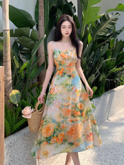 Koisoon Summer New Midi Spaghetti Strap Dresses Women Floral Print Dress Elegant And Chic with Casual Party Holiday Dress High Quality