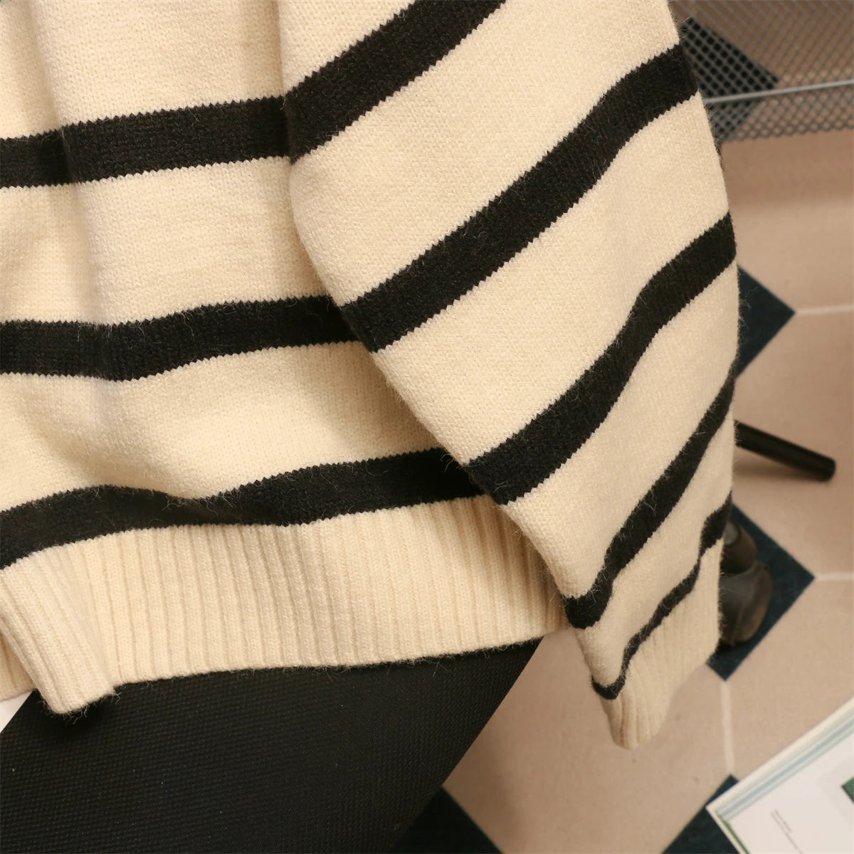 Koisoon Women Sweater Oversize Zipper Knitted Pullover Long Sleeve Stripe Loose Ladies Sweaters Autumn Winter Women's Turtleneck