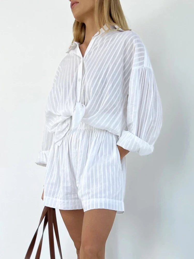 Koisoon Casual Shorts Sets Striped Jacquard 2 Pieces Cozy Lapel Lantern Sleeve Shirt Summer Outfit Elastic Waist Shorts Suits