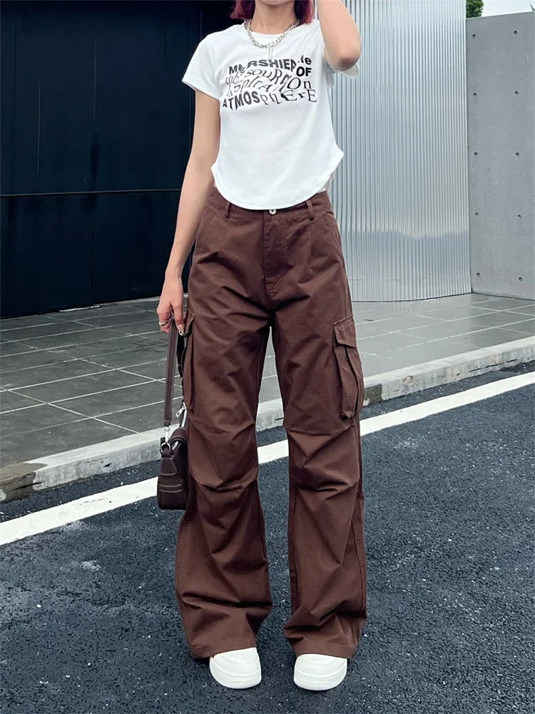 Koisoon Cyber Y2K White Cargo Pants Women Korean Style Egirl Brown Wide Leg Trousers Oversized Streetwear Hip Hop Pleated Pantalon