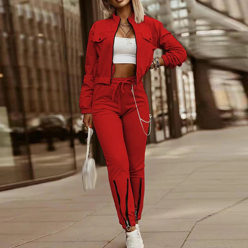 Koisoon Elegant Solid Zip Two Piece Solid Tracksuit Women Long Sleeve Suit Streetwear Stand Collar Jackets&Drawstring Cargo Pants Sets