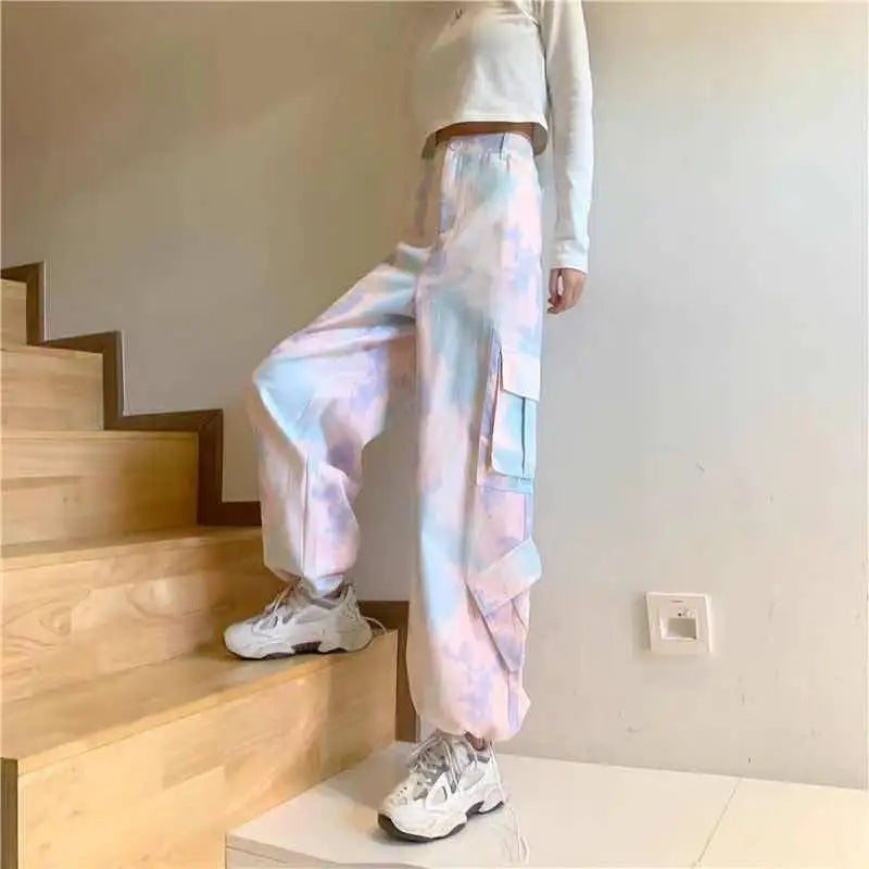 Koisoon Women Harajuku Tie Dye Cargo Pants Spring Summer New Korean Fashion Streetwear High Waist Loose Versatile Sports Casual Trousers