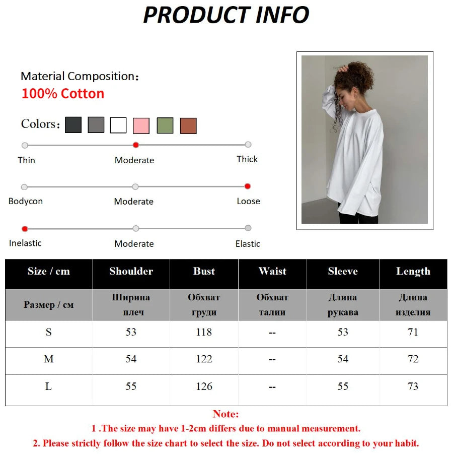 Koisoon Women Autumn 100% Cotton T-shirt Bottoming Spring Basic Fashionable Solid Lady Long Sleeve Loose Tops Shirts