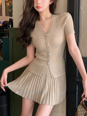 Koisoon Summer Korean Fashion Retro Two Piece Set Women Elegant Party Mini Skirt Set Female Bodycon Casual Tops+Pleated Skirt Suit