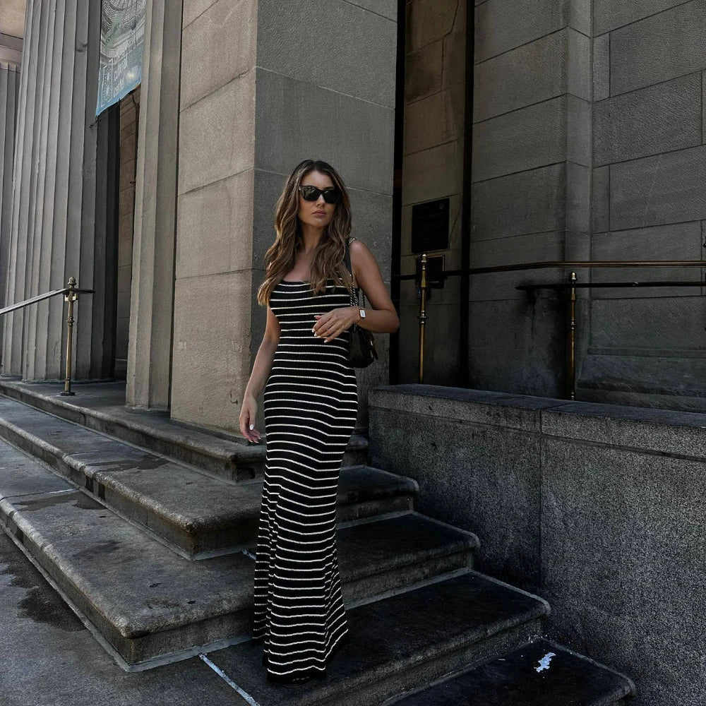 Koisoon Black White Striped Knitted Beach Dress Women Elegant Casual Sleeveless Loose Long Dresses Summer Holiday Vacation Outfits 2024