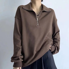 Koisoon Half Zip Up Vintage Sweatshirts Women Long Sleeve Cotton Casual Tops Oversized Street Fashion Pullover Sweats