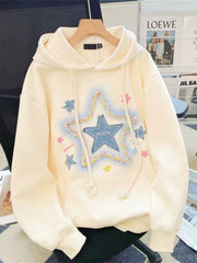 Koisoon Vintage Star Print Hoodies Women Streetwear Loose Long Sleeve Sweatshirts American Retro Bf Casual Harajuku Pullover Tops